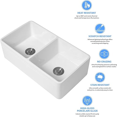 Miniatura 5 de Fregadero de cocina doble de 33 x 20 pulgadas, fregadero de granja de doble lavabo, delantal de cerámica de porcelana blanca pura, fregadero de