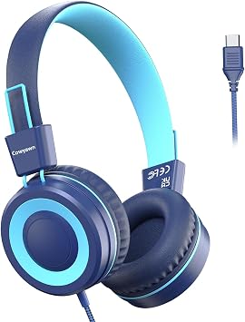 Cowyawn USB Type C Kids Headphones for School, Wired Toddler Headphones, 94dB Volume Limited, HD Stereo Sound, Foldable Lightweight On-Ear Wired Headphones for Kids/Children/Teens/Boys Dark Blue