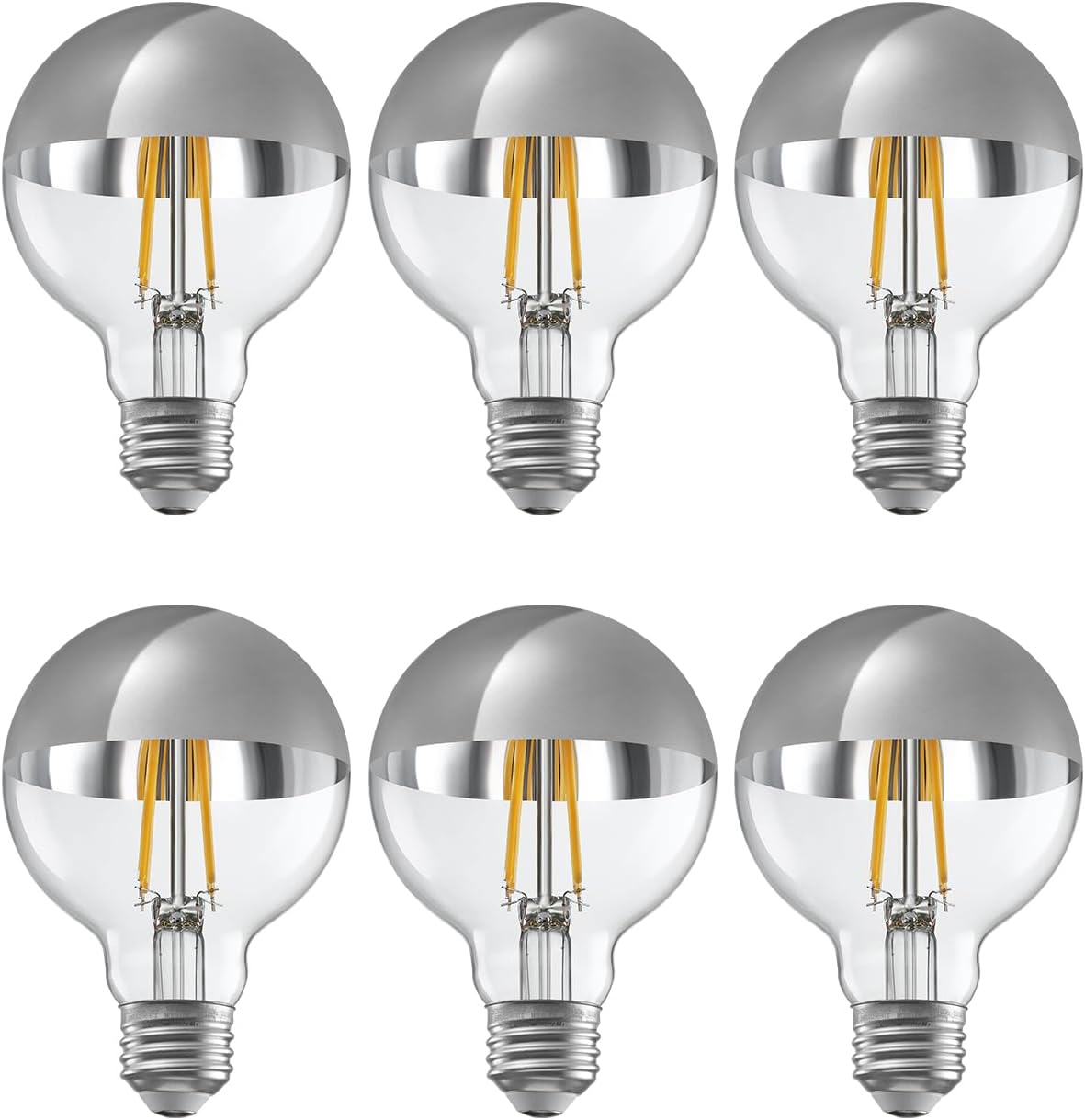 TORCHSTAR Dimmable Half Chrome Light Bulb, 7W (75W Eqv.), Anti Glare LED Light Bulbs, UL Listed, E26 Silver Dipped Bulb, G25 Globe Light Bulbs for Bathroom, Vanity, Mirror, 3000K Warm White, Pack of 6