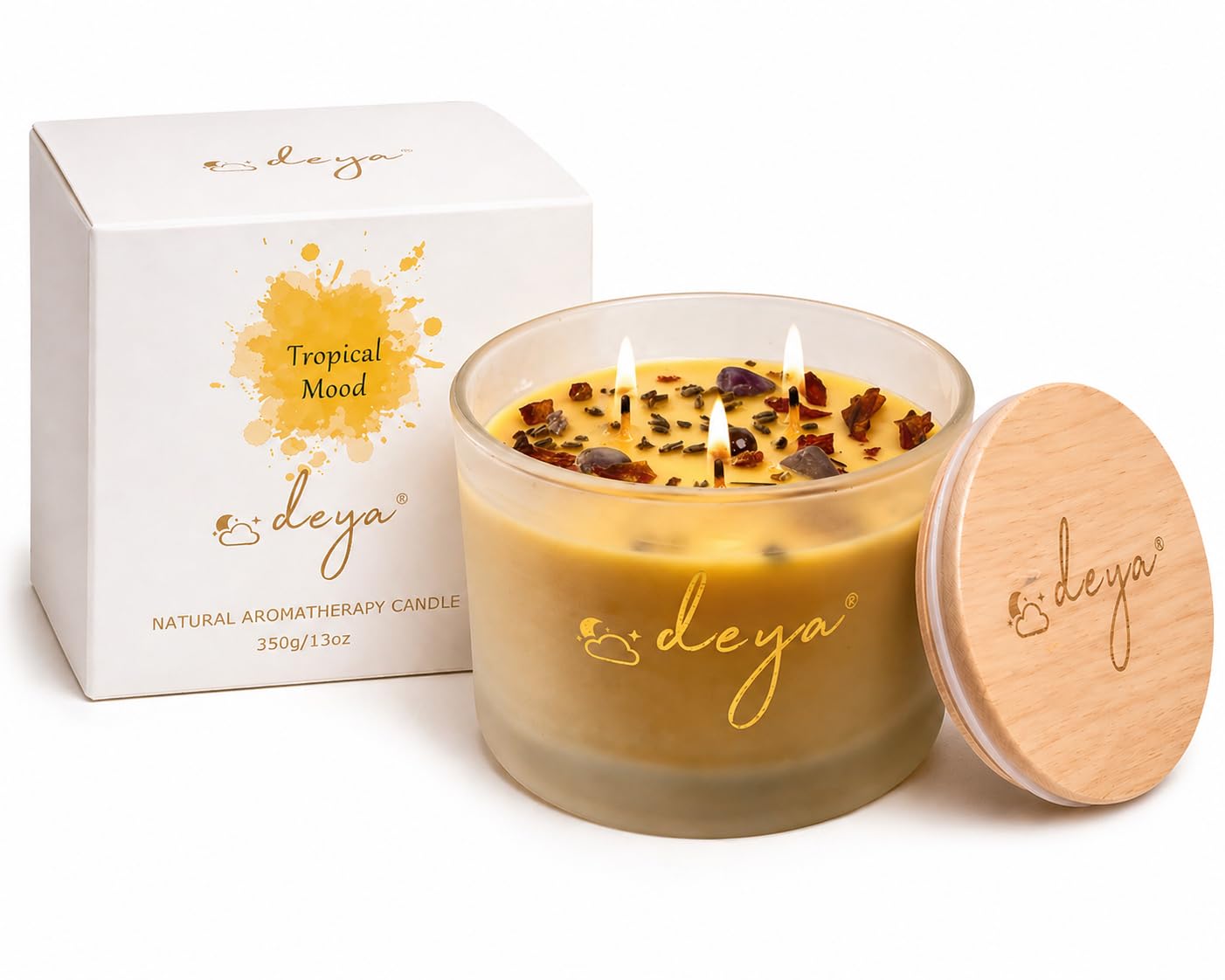 Deya Men's Chocolate Natural Soy Wax Candles | Healing Crystals&Dried Flowers | 3 Wick Candle | Up To 45 Hours Burning Time | Frosted Glass Jar | Vegan | Aromatherapy | Best Gift For And Wo