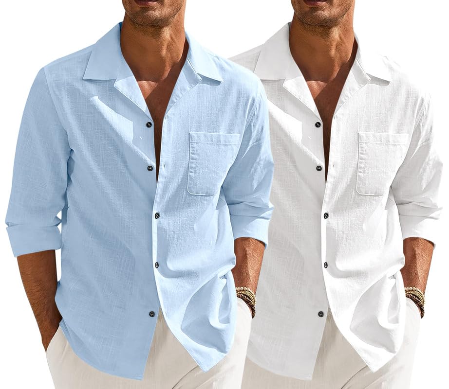 Image of Combo of Men's Casual Cotton Blend Shirt || Long Sleeve Button Down with Spread Collar | Lightweight Breathable Fabric | Stylish Solid Shirt for Beach, Office & Everyday Wear Pack of 2
