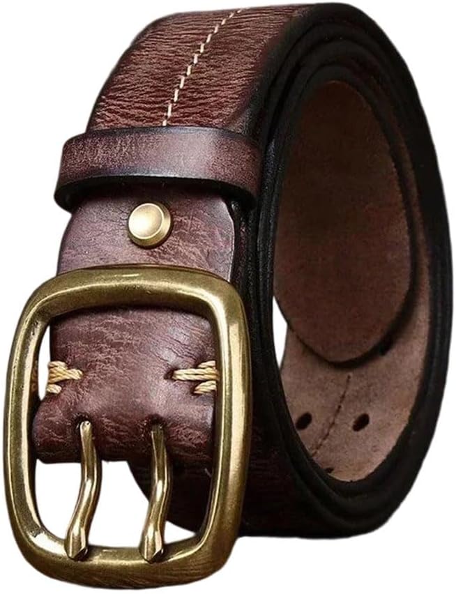 Men's Military Style Belt - 3.8 cm Solid Cowskin with Copper Double Pin Buckle