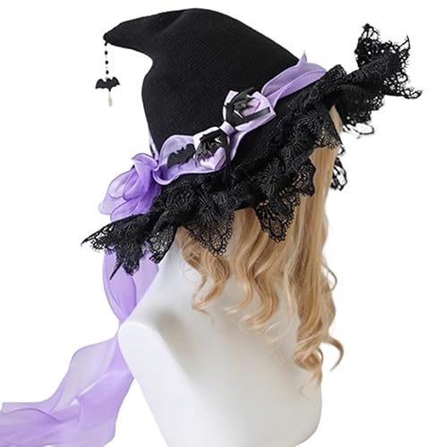 Sweet Women Witch Hat Lace Big Bow Flowers Hats Cosplay Halloween Witch Hat Party Accessory - Purple - Head circumference for 21.6 inch -23.2 inch