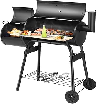 Barrel Charcoal Grill with Offset Smoker, Wheels for Easy Rolling, and Table for Small Patio Backyards
