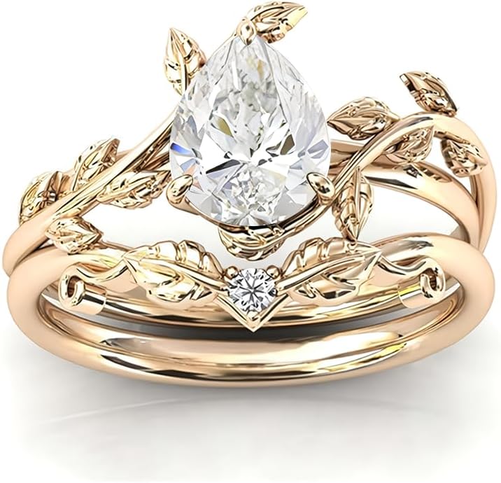 Moissanite or Lab Grown Diamond Engagement Ring Set 1ct Pear Shaped Wedding Ring Sets for Women Art Deco Vine Leaf Moissanite Ring Bridal Sets Anniversary Promise Ring(D Color, VVS Clarity)
