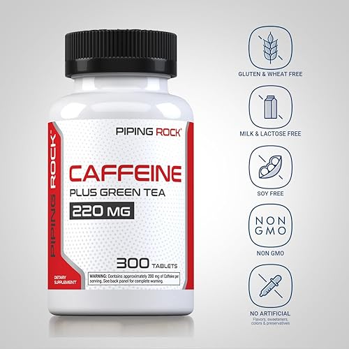 Miniatura 3 de Piping Rock Píldoras de cafeína de 220 mg | 300 tabletas | con extracto de té verde | Vegetariano, sin OMG, suplemento sin gluten
