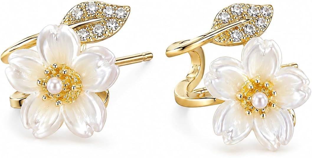 Faux Pearl Flower Earrings for Women, Gold Floral Stud Earrings with Rhinestone Leaf, White Petal Faux Pearl Flower Earrings for Women, Gold Floral Stud Earrings with Rhinestone Leaf, White Petal - Create a Timeless Japanese-Inspired Outfit