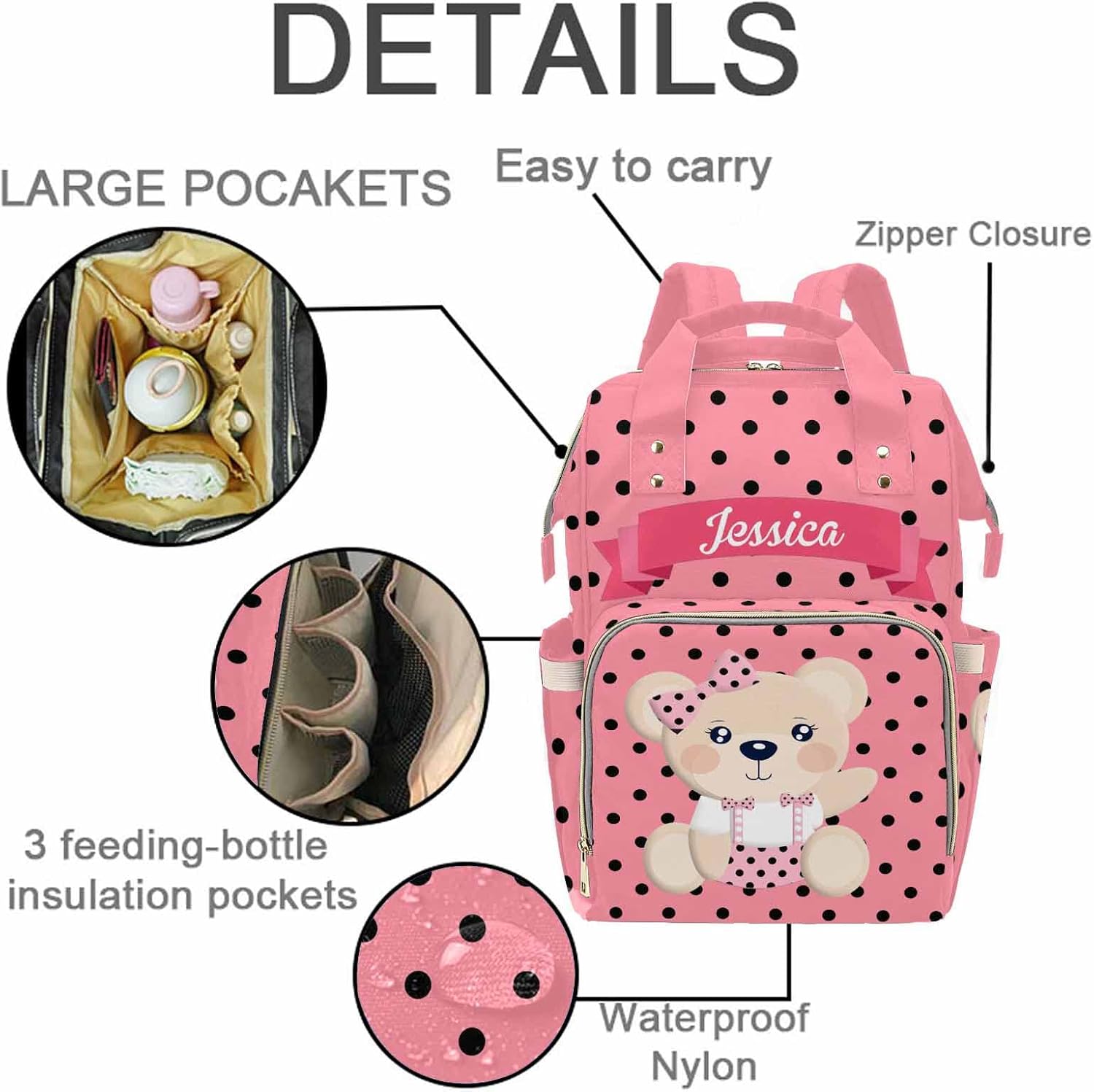 MyPupSocks Personalized Little Princess Cute Bear Diaper Bag Backpack with Name, Custom Pink Mommy Nursing Baby Bags Nappy Bag Casual Travel Daypack for Mom Girl Gifts