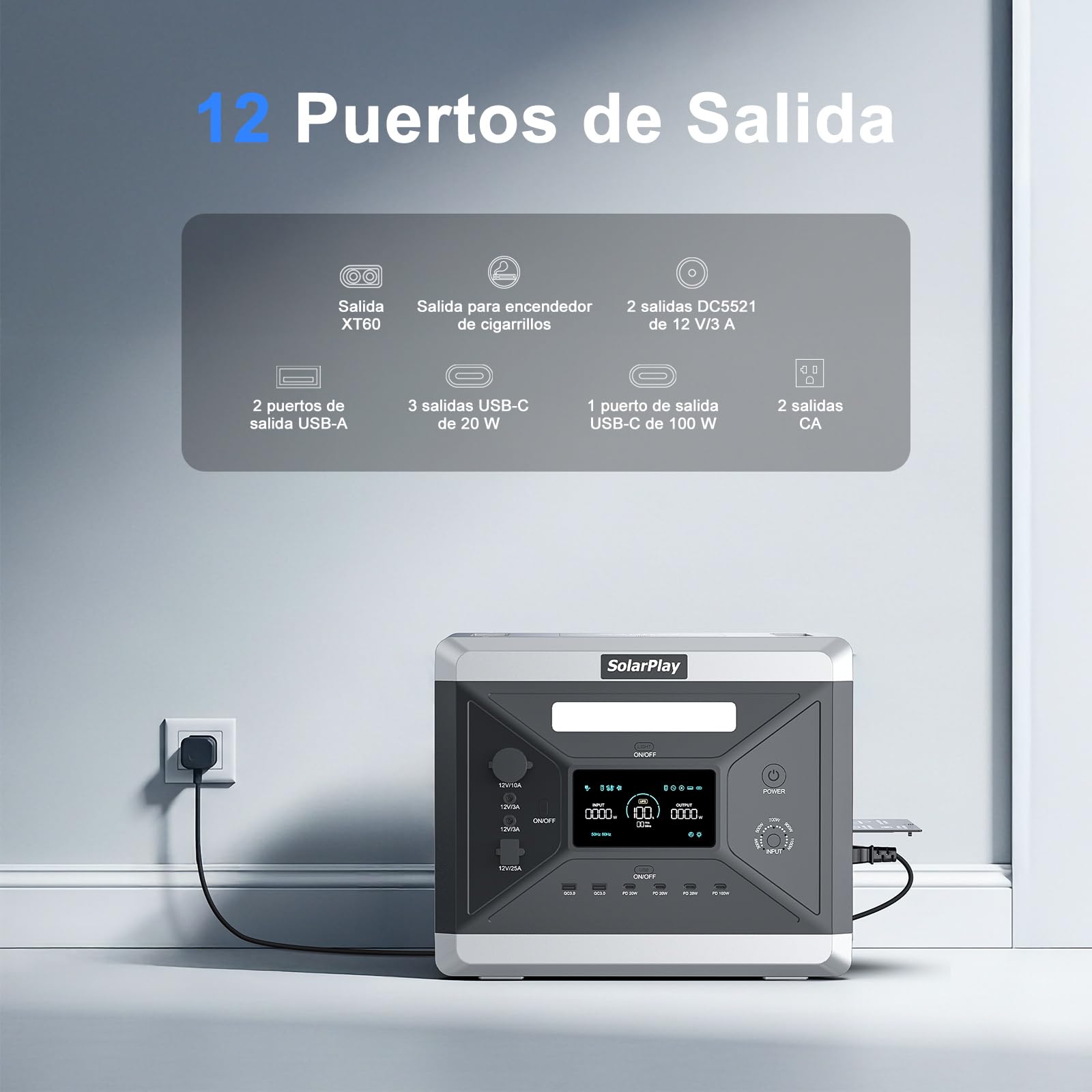 Estación de Energía Portátil SolarPlay Q2501, 2160Wh Batería LiFeP04, 100W USB-CSalida(12 puertos), Carga Completa Rápida 2h vía, Generador Solar para Exteriores, Camping, Emergencia (2400w+400w)