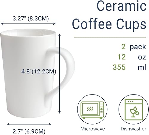 Miniatura 2 de Paquete de 2 tazas de café de cerámica de 12 onzas, taza de cerámica blanca pura, simple, grande, alta, taza de café con leche blanca con asa