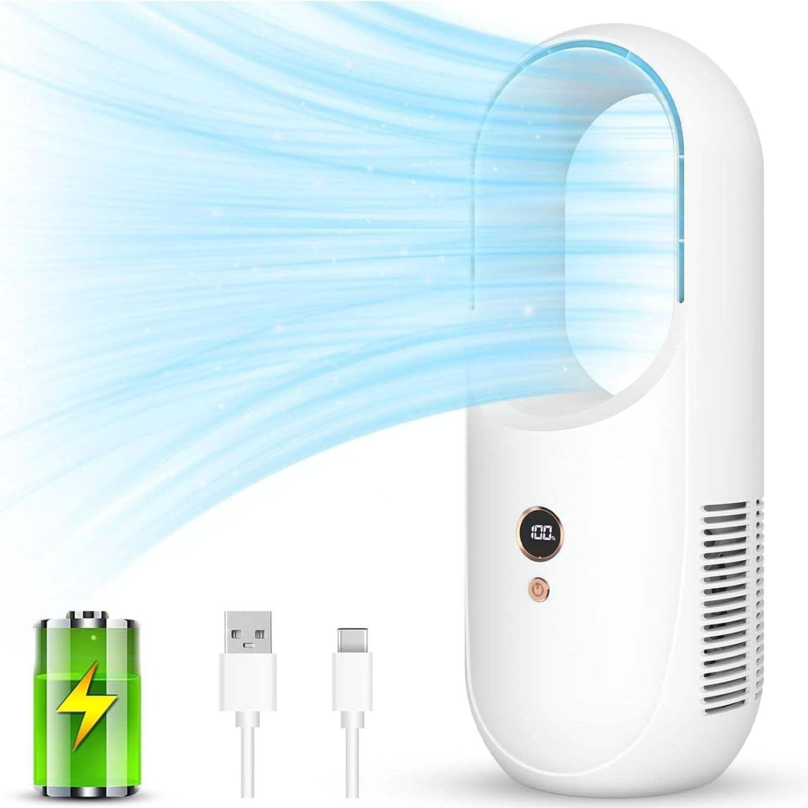 Ventilatore a torre senza pale, USB, silenzioso, oscillante, 6 velocità, 2000 mAh, ricaricabile, compatto, 13 x 30 cm, sicuro per casa, camera da letto, ufficio, dormitorio, cucina