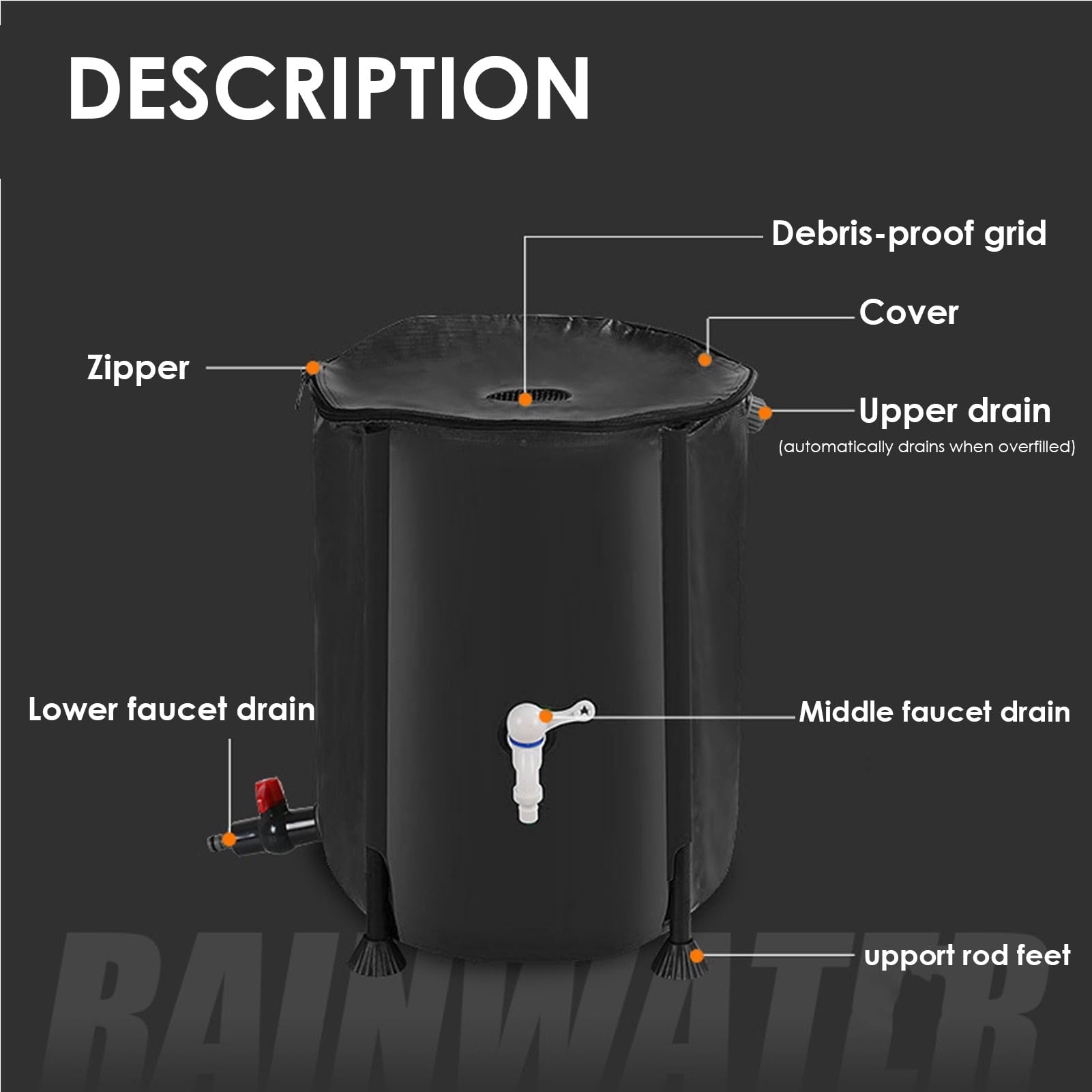 Barril de Recogida de Agua de Lluvia, para conservar el Agua, depósito de | agua de lluvia portátil plegable de 200 l con tapón de filtro, kit de rebosadero, tanque de agua estable resistente a la