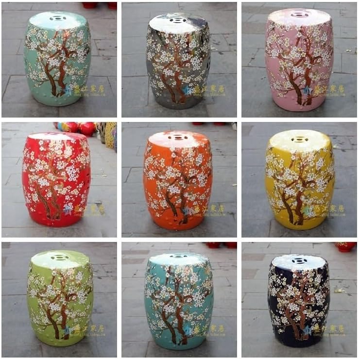Garden Stool Colorful Ceramic Garden Stool with Plum Blossom Design - Decorative Porcelain Cooler Stool for Outdoor and Indoor Use Ottomans(B) (One Color I)