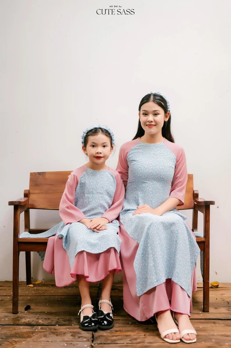 Mom and Daughter Blue HOA Matching Ao Dai Skirt Set with Headband| Pre-Made Vietnamese Ao Dai| Lunar New Year (Blue, 2 - Girl)