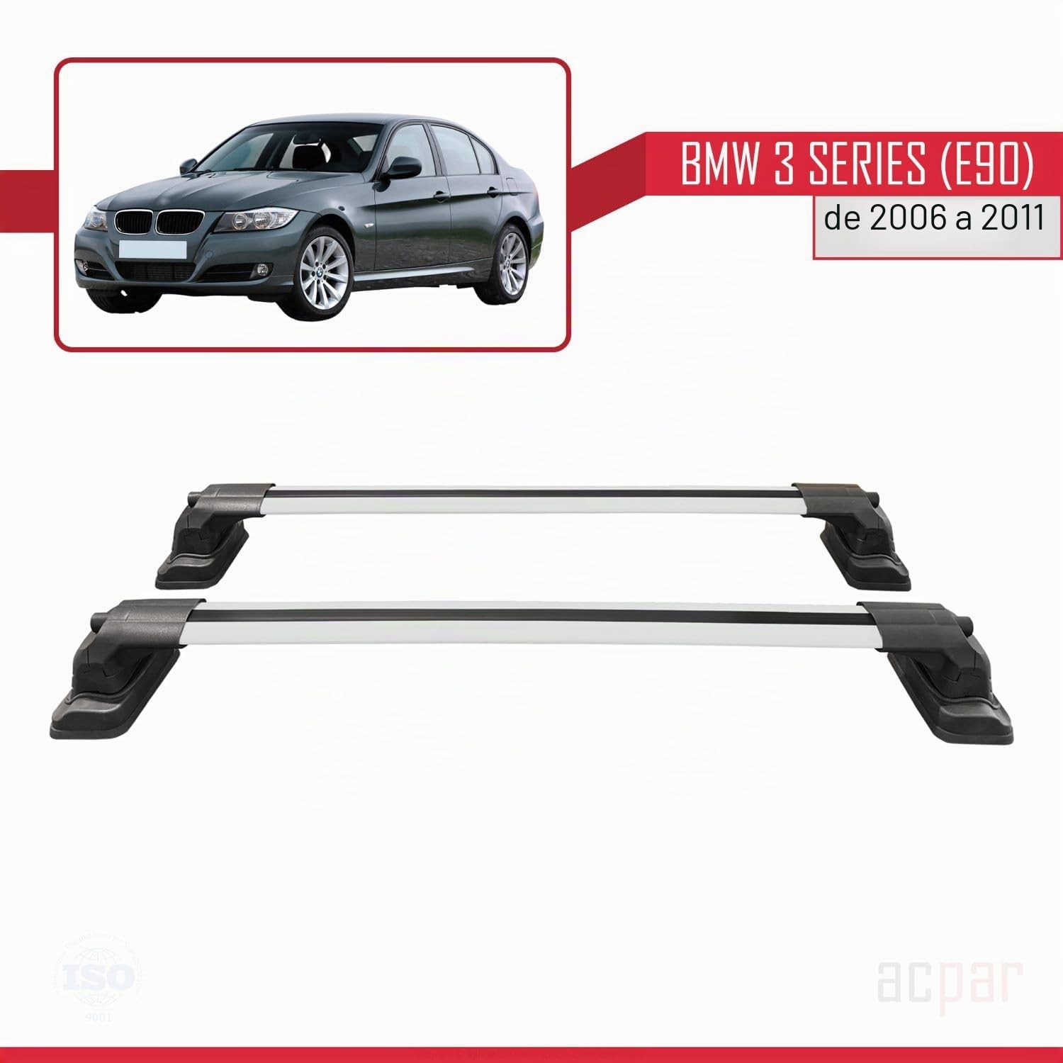 Compatible con BMW Serie 3 (E90) 2005-2012 Modelo Ace-3 Barra de Techo Auto Portaequipajes Barras Transversales Gris Aluminio 2 Barras