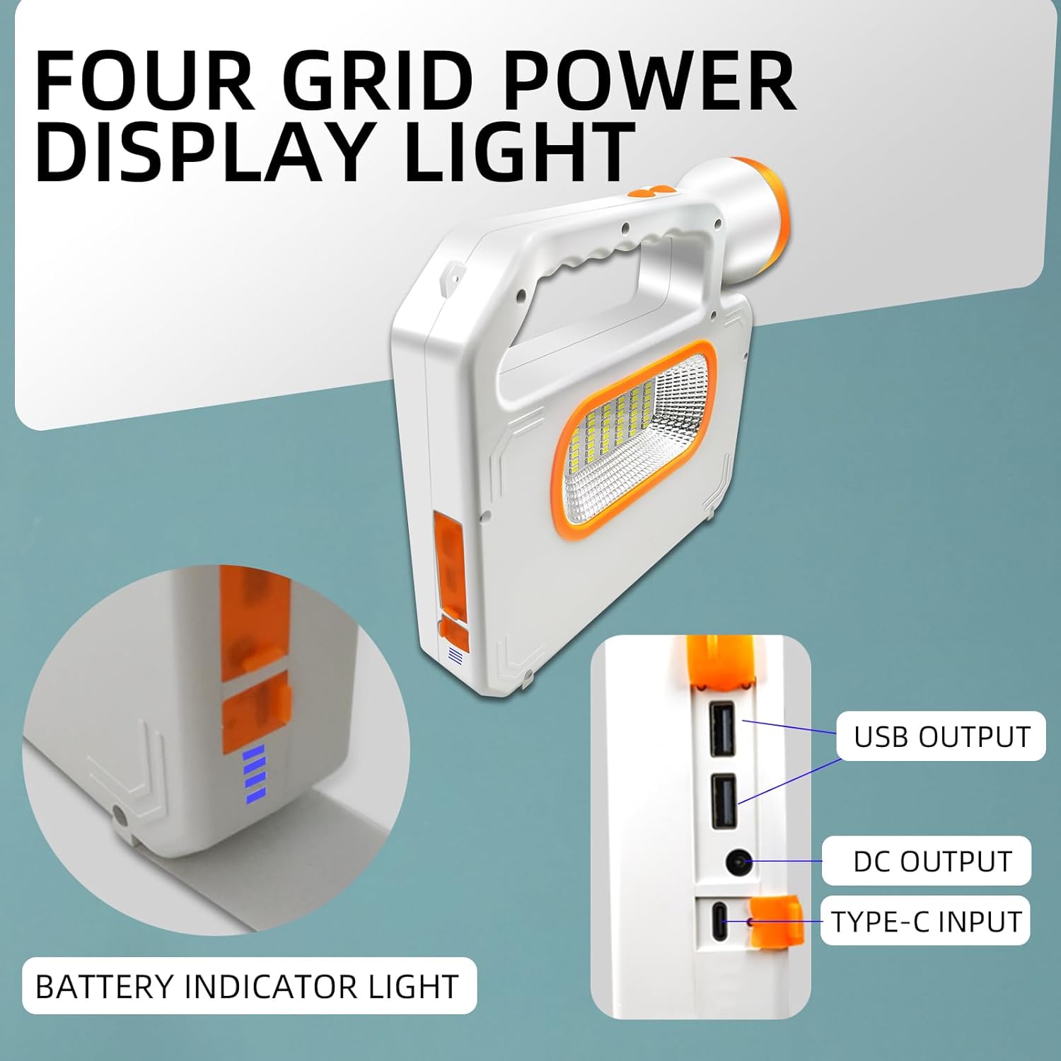 Solar powered Rechargeable Flashlight, LED Spotlight Side Floodlight, USB Output Can Charge Mobile Phones，Power Outage Emergency Light, Suitable For Outdoor Hurricanes, Fishing, Camping Lights