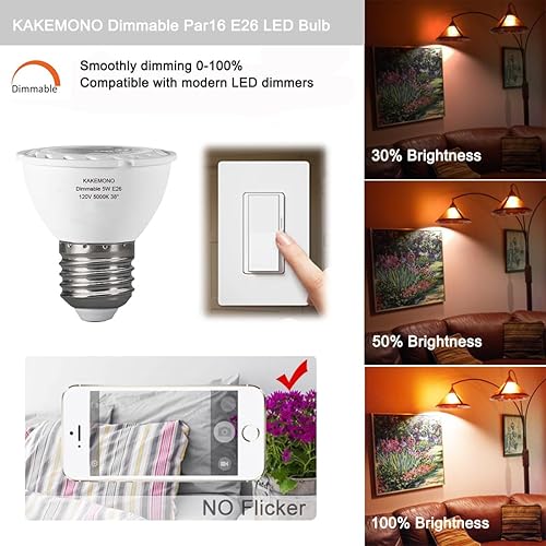 Miniatura 3 de KAKEMONO PAR16 - Bombillas LED regulables de 5 W, luz de punto de pista de cuello corto, foco halógeno de 50 vatios, base mediana E26, luz blanca