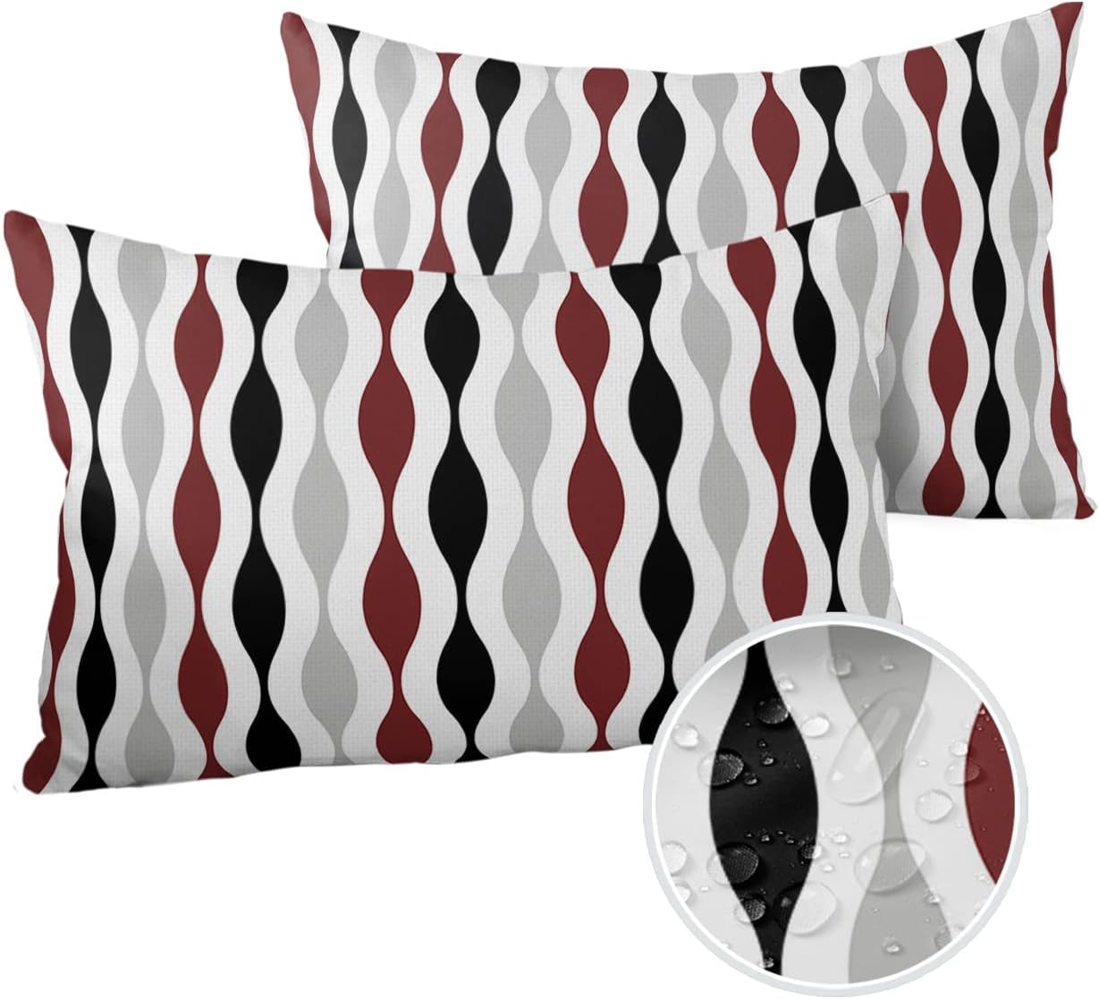 Outdoor Throw Pillow Cases Burgundy Red Ripple Mid Century Stripe,Waterproof Pillow Cover Soft Pillow Protectors,Grey Abstract Durable Pillowcase for Sofa Couch Seaside Picnic RV Vacation