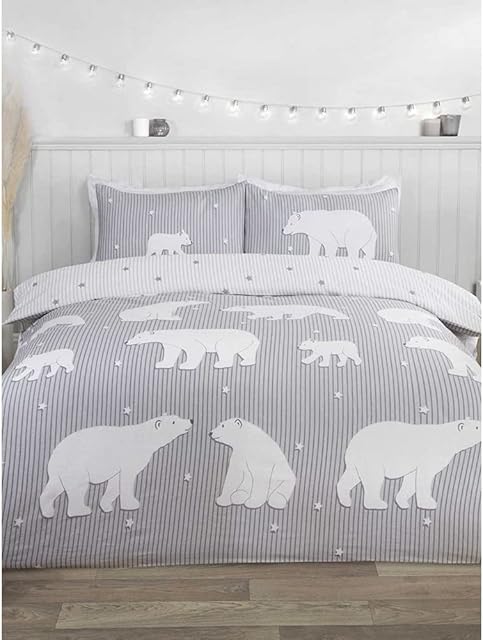 Rapport Home Polar Bear 100% Brushed Cotton 3 pieces Double Duvet Cover Set Reversible Bedding Grey