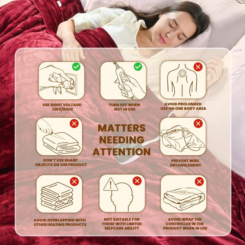Bearhug Heated Electric Blanket - Soft Flannel Electric Throw Heating Blanket with 6 Heat Settings Full Size 77×84 inches Red - Velvet & Velvet