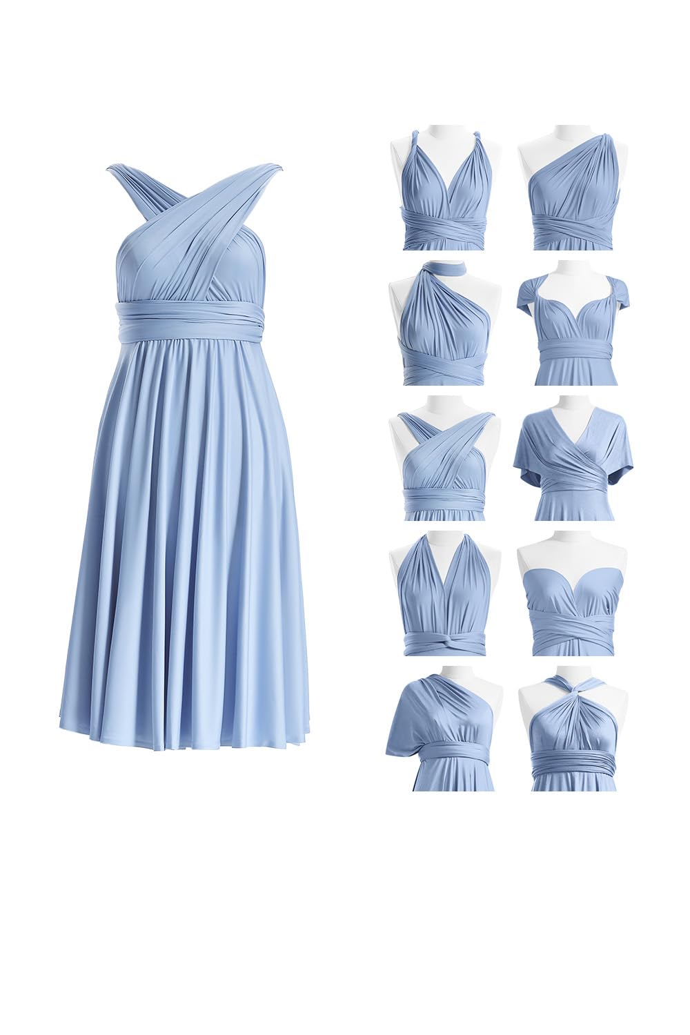 72Styles Women's Dusty Blue Short Multiway Bridesmaid Dress, Infinity Wrap Dress Midi, Knee Length, Formal Evening Gown Prom Wedding Guest, M