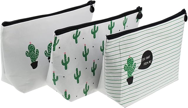 Large Cactus Pencil Case, 3PCS Canvas Pen Bag Cactus Designed Stationery Pencil Pouch Case Travel Cosmetic Bag Set for Women Girls (Cactus)