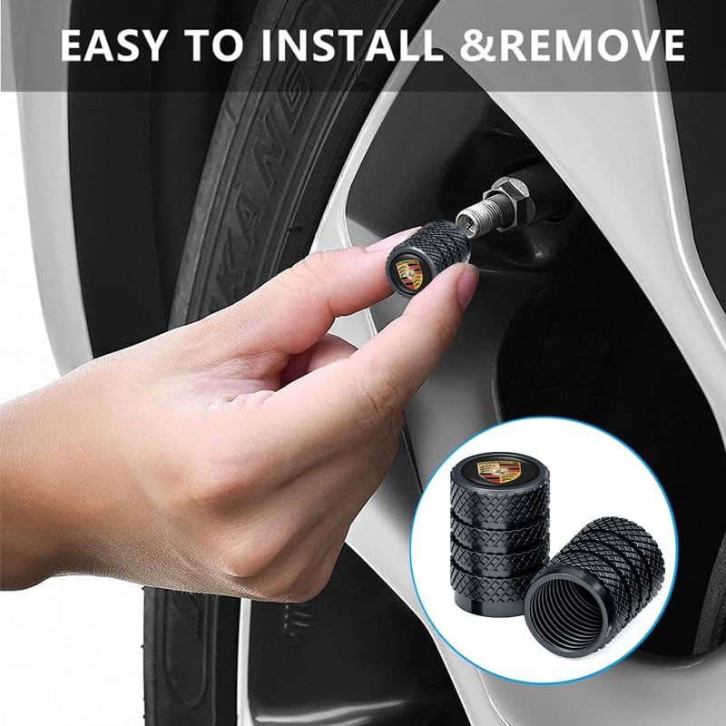 Tire Valve Caps, Valve Stem Caps Fit Porsche Panamera Cayenne Macan Boxster Taycan Cayman 718 911, Alloy Car Tire Caps for Corrosion Resistant Leak-Proof Car Accessories, Black