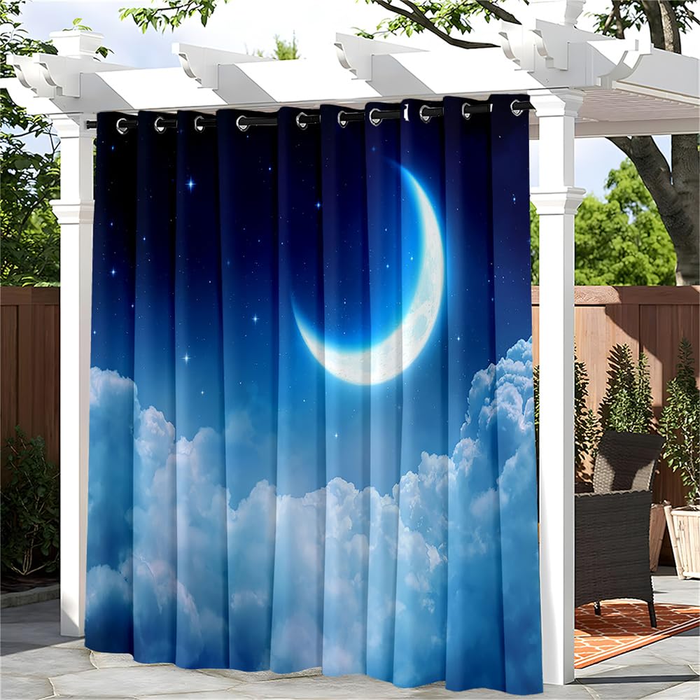 Hiseng Waterproof Outdoor Curtain for Patio Pergola, Sunshade Blackout Thermal Insulated Curtains with Eyelet Top for Garden, Gazebo, Porch, 1 PANEL, 3D Moon Starry Sky (Blue 2,55x69 in)