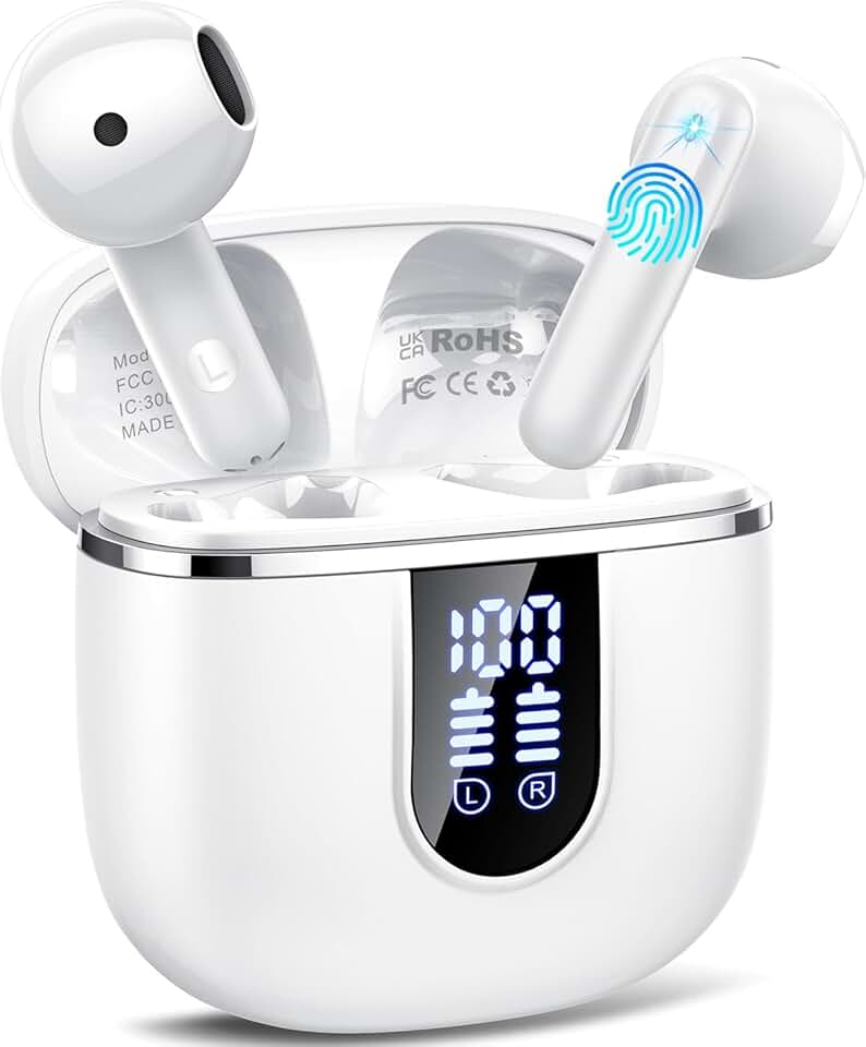 Wireless Earbuds, Bluetooth 5.4 Headphones in Ear with 4 ENC Noise Cancelling Mic, in Ear Earphones 40H, IP7 Waterproof, Bluetooth Ear Buds for Sports, Gym, Workout, USB C, White