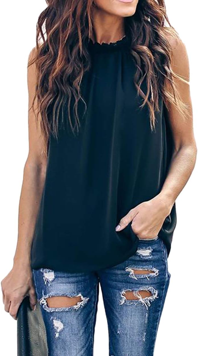 Allimy Ruffle Tank Tops, Chiffon Double-Lined