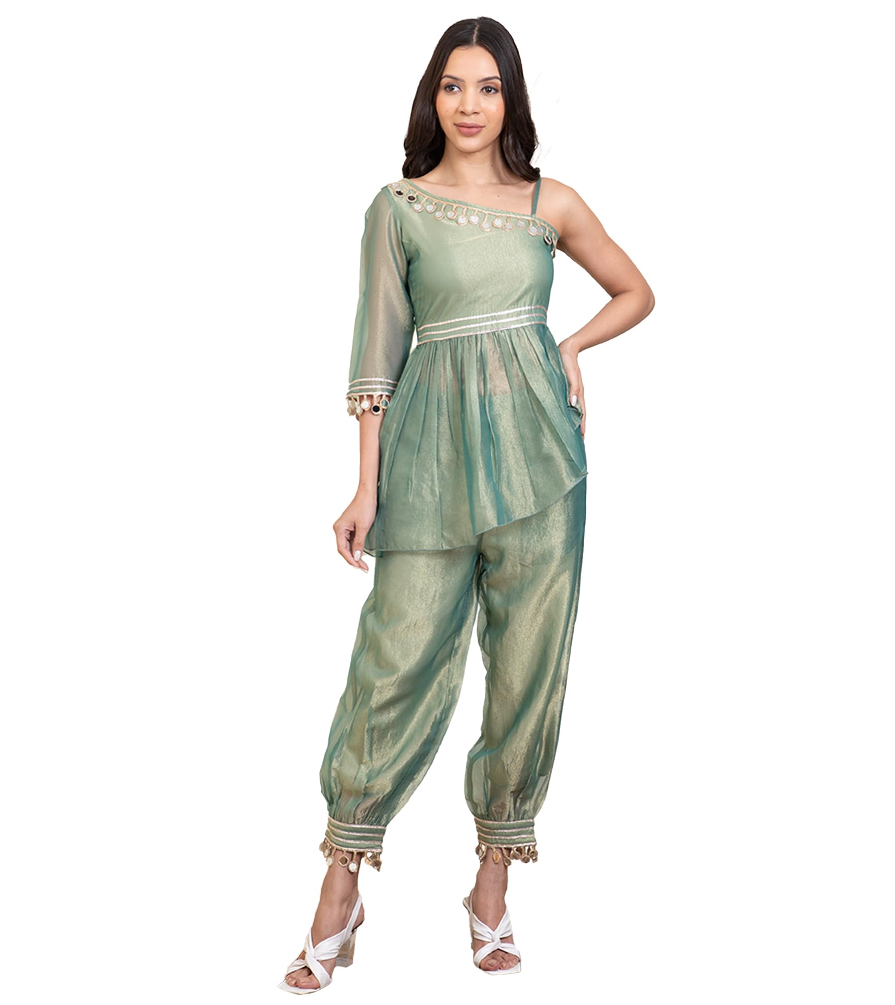 deebaco Shimmer Shimmer Top & Gathered Pants Western Co-Ord Set for Women's|One Shoulder 3/4 Straight Sleeves Regular Fit Cord Set|Ladies Party Ethnic Collection Stylish Fusion Wear-picture-23