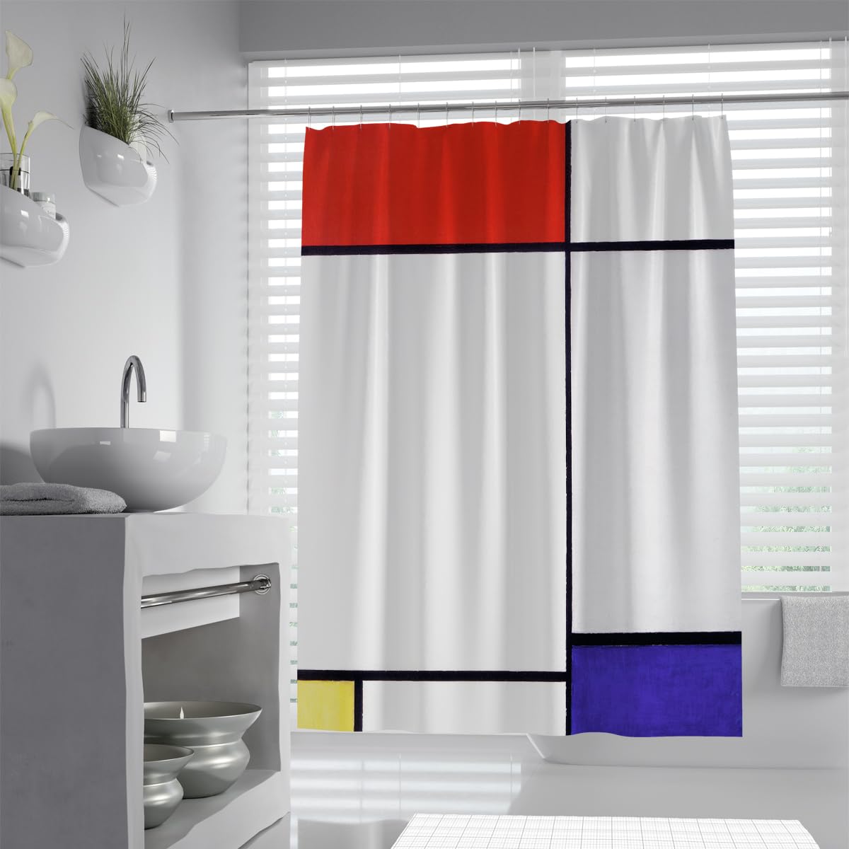 OLLIAR Home Minimalist Geometry Shower Curtain Set Modern Abstract Red Blue Yellow Bath Curtain Water Repellent Cloth Shower Curtain with Hooks 200x180cm