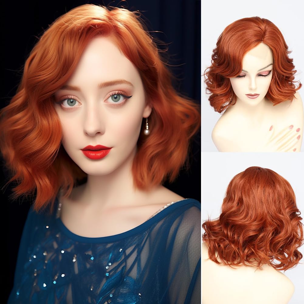 BESTUNG Short Lace Copper Red Curly Wigs for Women Layered Natural Synthetic Wigs Side part Wig