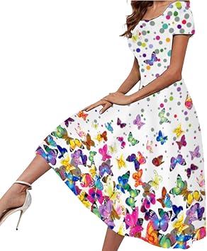 Amazon.com: Vestidos de verano para mujer, 2022, manga corta, cuello  redondo, casual, a la moda, fiesta, diario, elegante, vestido de impresión  22790 : Ropa, Zapatos y Joyería