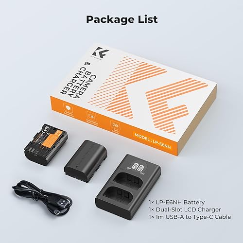 Miniatura 7 de K&F Concept LP-E6NH - Juego de baterías de repuesto y cargador, paquete de 2 baterías de 2600 mAh para Canon EOS R7 R6 R5 5D Mark IIIIIIV 6D 6D Mark
