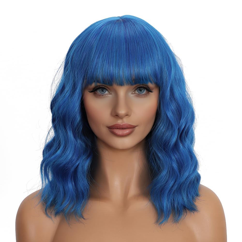 Mxayhnajxl Blue Wigs with Bangs for Women 14 Inch Short Wavy Bob Wigs With Bangs Synthetic Bob Wig Curly Wig Heat Resistant Colorful Wavy Wig Cosplay