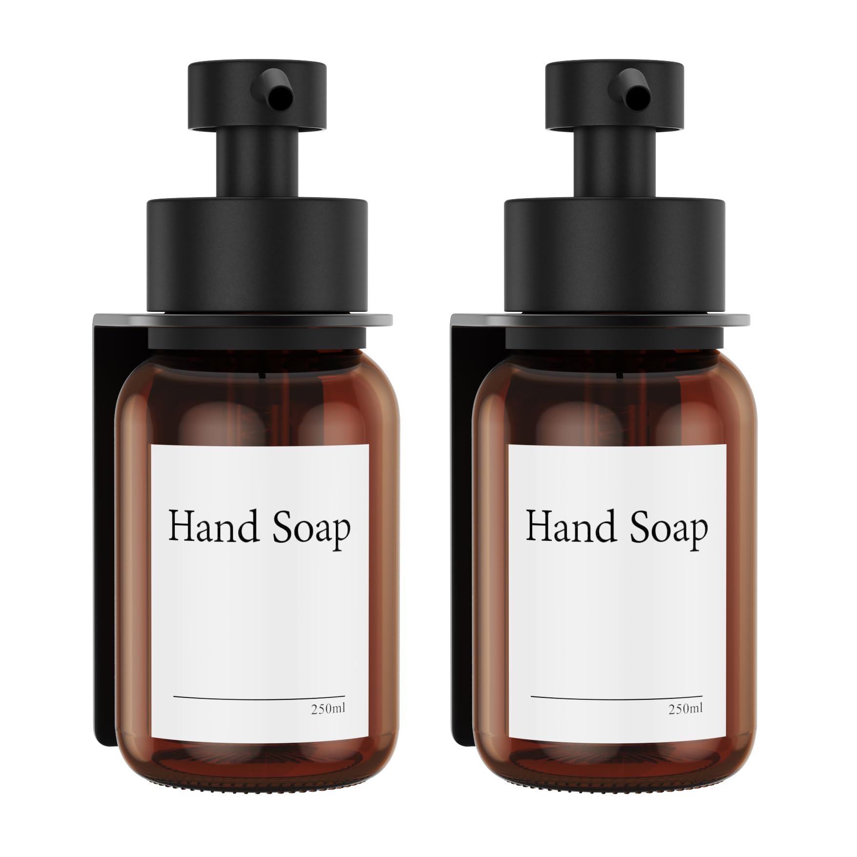 Confezione da 2 dispenser di sapone in vetro con montaggio a parete, autoadesivo, dispenser a pompa in acciaio inox per sapone liquido, senza fori, 250 ml (ambra/nero)