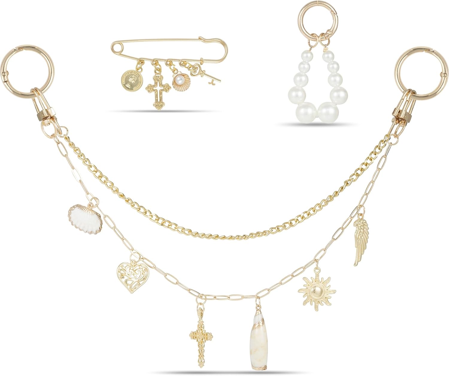4-in-1 Bag Charms Set, Elegant Gold Purse Charms with Pearl Beads, Shell Pendant, and Safety Pin, Handbag Charm