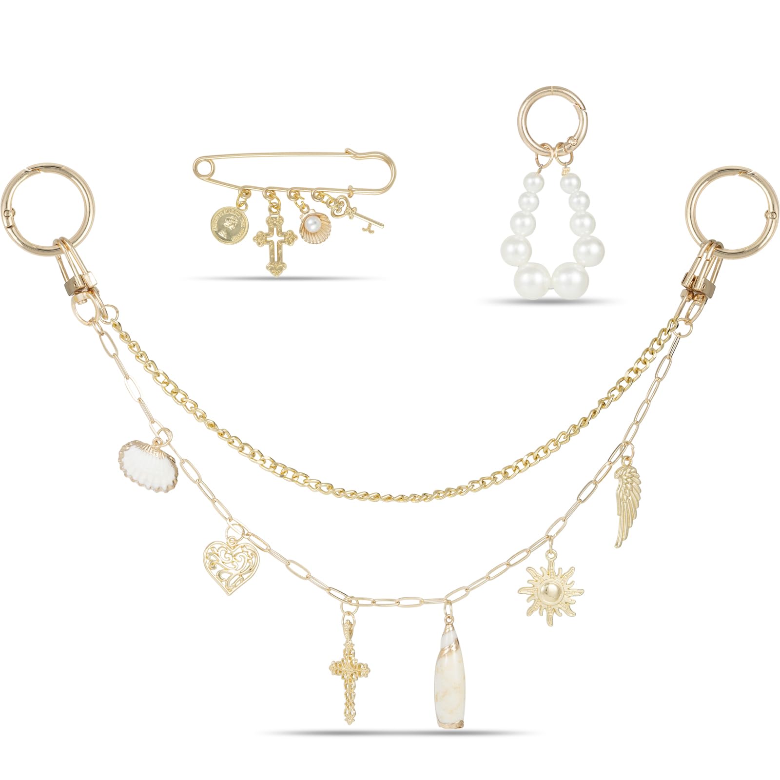 4-in-1 Bag Charms Set, Elegant Gold Purse Charms with Pearl Beads, Shell Pendant, and Safety Pin, Handbag Charm-image-32