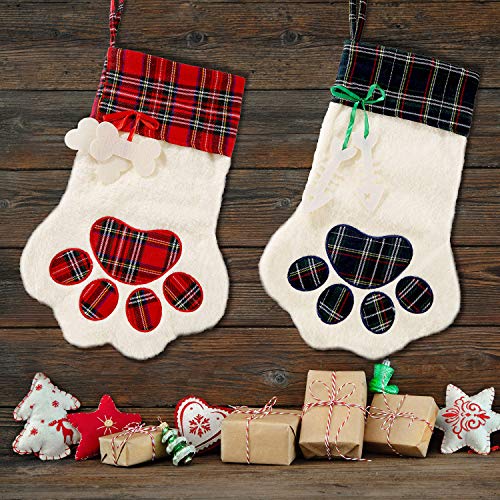 2 Pieces Christmas Stockings Pet Paw Pattern Stockings Fireplace Hanging Stockings For Pet And Christmas Decoration (Red And Green) #TOP2