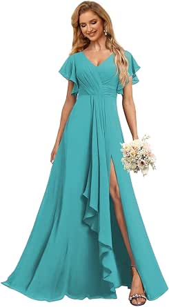 Fairy A Line V-Neck Ruffle Tiered Chiffon Prom Dresses with Slit