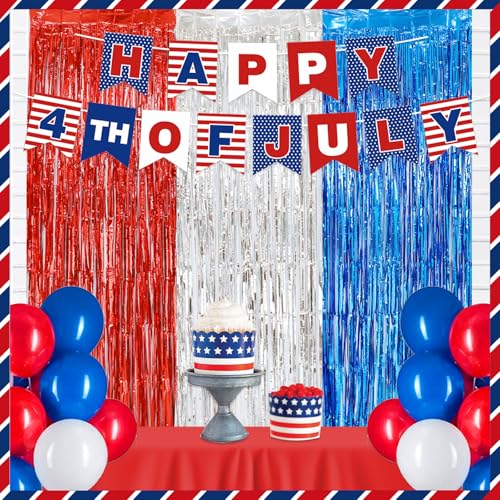 Image of 4th of July Patriotic Decorations, Red White Blue Decorations, 3 Pack Tinsel Foil Fringe Curtains, Banner for Patriotic Party Indoor Outdoor