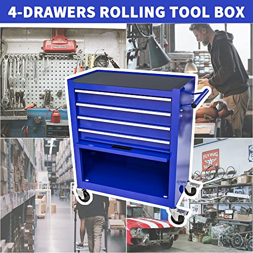 24.4" Rolling Tool Cart 4 Drawers With Tools, Rolling Tool Box With Tool Set，Utility Tool Cart On Wheels With Lockable Drawers, Tool Organizer Cart For Workshop & Repair Shop，Garage，Mechanic（Blue) #TOP5