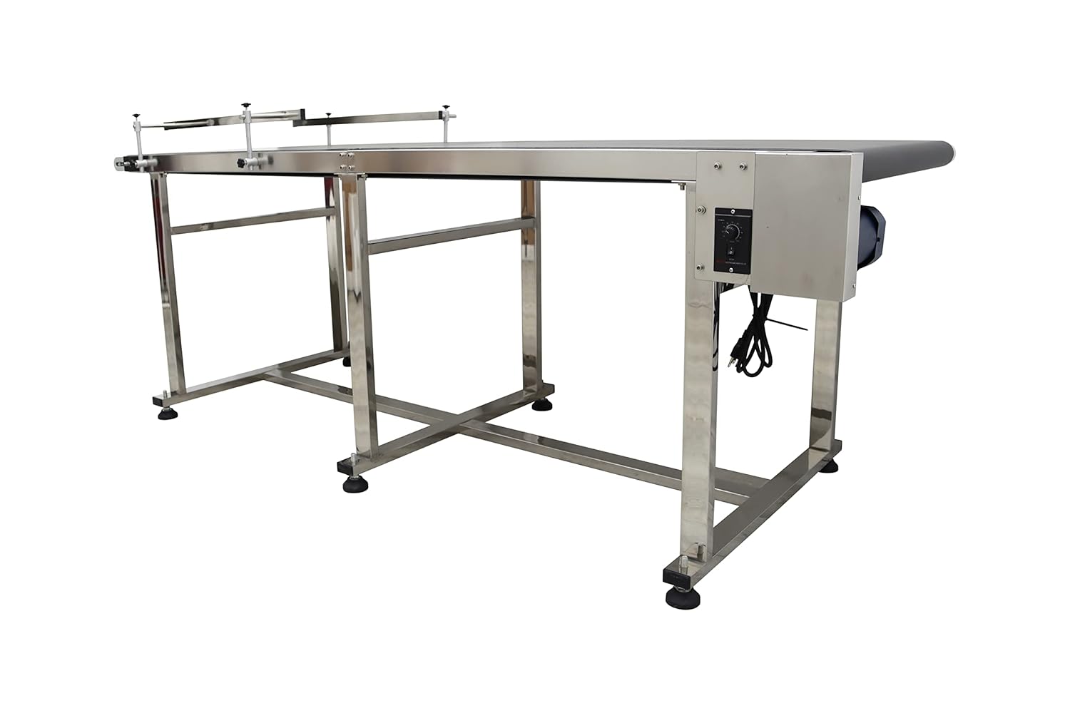 INTSUPERMAI PVC Flat Conveyor Belt Systems Stainless Steel Adjustable Speed PVC Belt Conveyor for Industrial Transport with Double Guardrail 82.6 inch Length 23.6inch Width Black Belt 110V