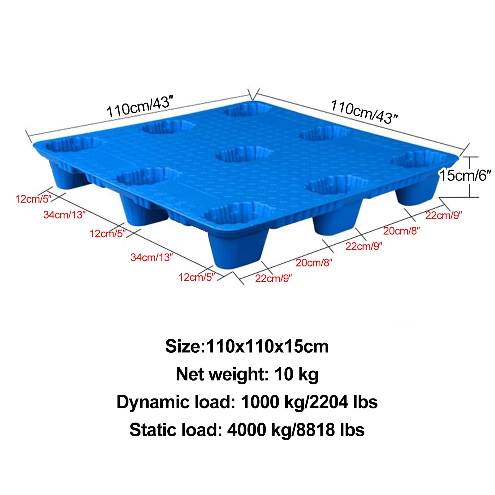 Palettes en plastique pour stockage industriel, charge dynamique 1000 kg, charge statique 4000 kg, palettes empilables pour la logistique et l'entreposage