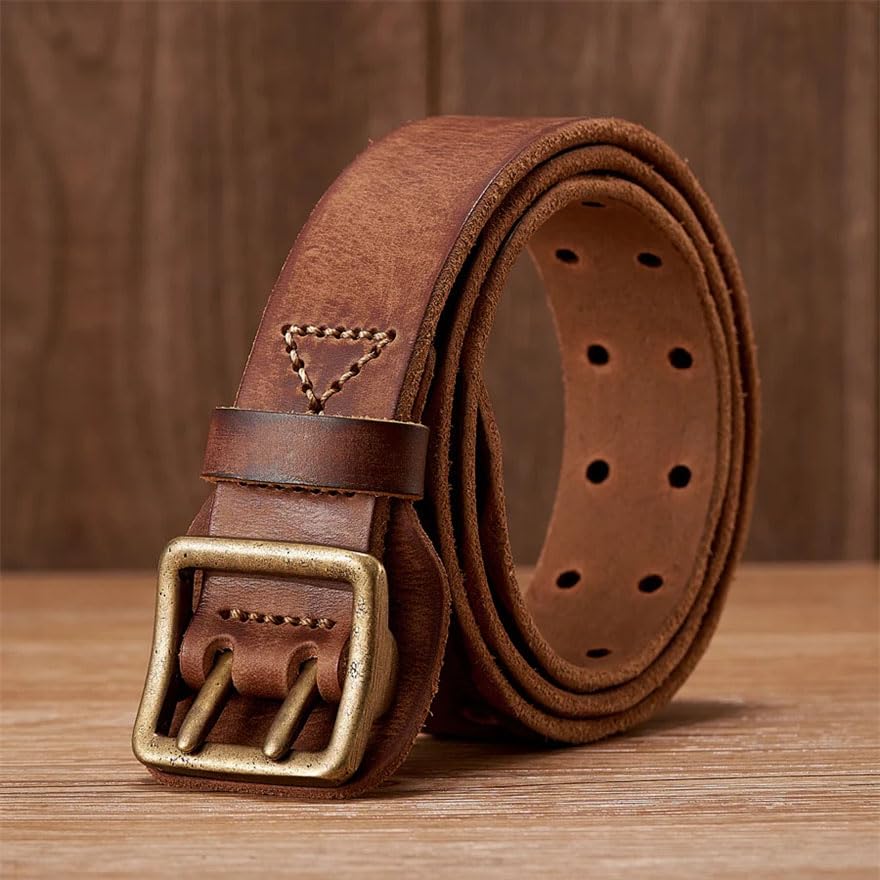 Pohullan Men 3.8c Leather Hollow Belts Retro Thick Leather Belt Brass Copper Buckle Jeans Belt3