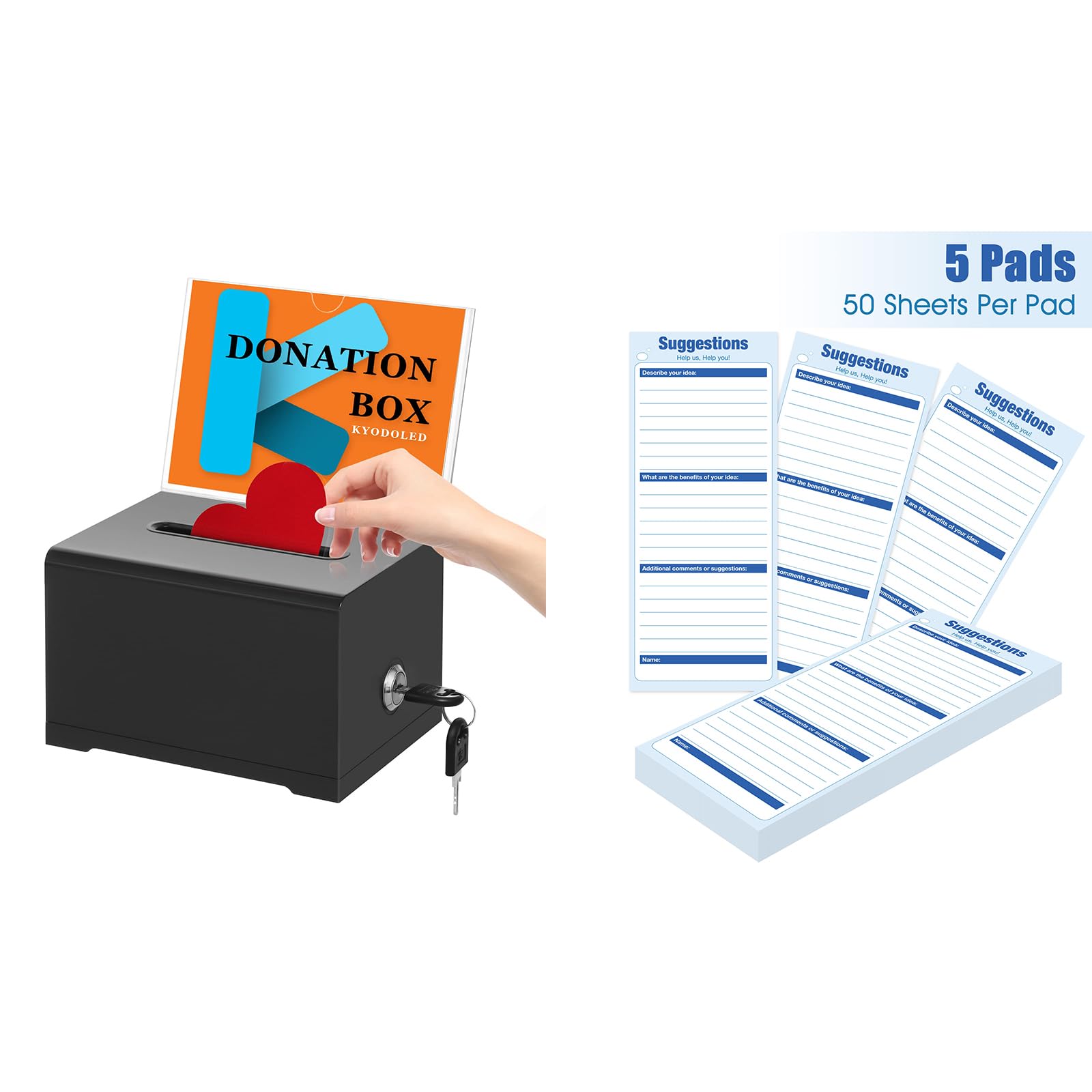 KYODOLEDBlack Donation Box with Lock,Ballot Box with Sign Holder+250 Sheets Suggestion Cards