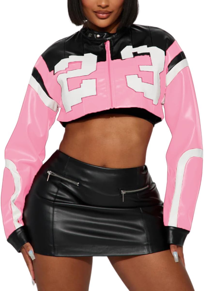 Women's Faux Leather Jacket Zip Up Cropped Bomber Leather Jacket Women S-XXL - Image 2