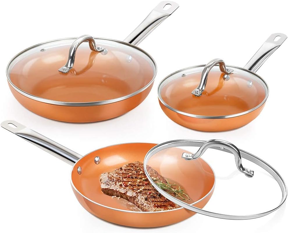 SHINEURI 6 Pieces Nonstick Copper Frying Pans with Lid - 8/9.5/11 inch (Copper)