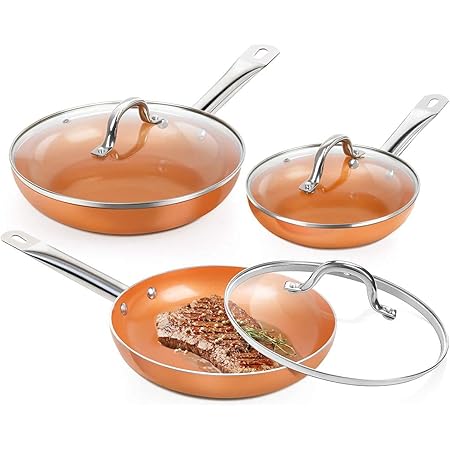 SHINEURI 6 Pieces Nonstick Copper Pans with Lid Copper Frying Pans Copper Nonstick Frying Pans Copper Pans with Lid Copper Skillets with Lid Ceramic Fry Pan Copper Pans for Cooking - 8 / 9.5 /11 inch